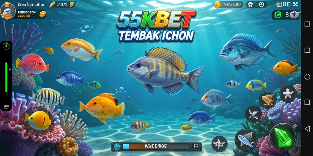 Tampilan gameplay menegangkan dalam 55KBET saat menangkap ikan.