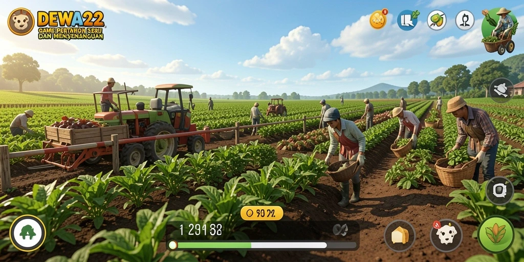 Screenshot gameplay DEWA22 yang menunjukkan lahan pertanian yang subur.
