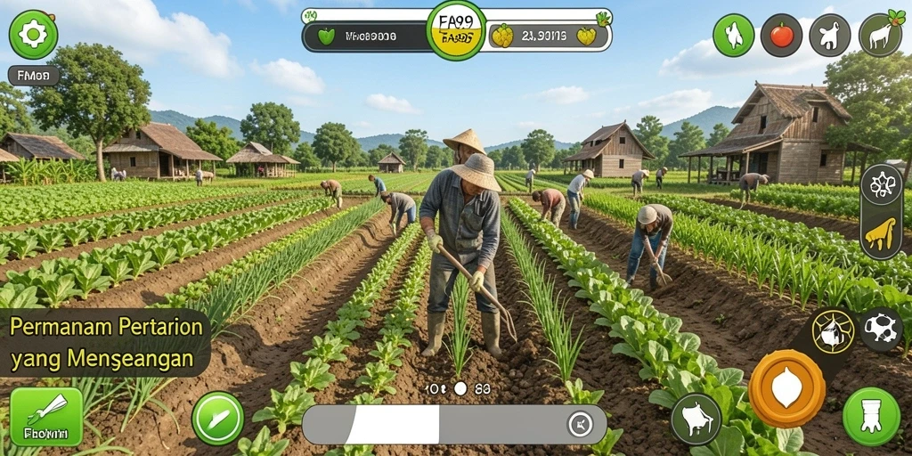 Tampilan gameplay FA99 yang menarik dengan elemen pertanian yang interaktif.