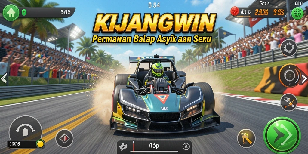Tangkapan layar utama KIJANGWIN menampilkan aksi balap yang mendebarkan.