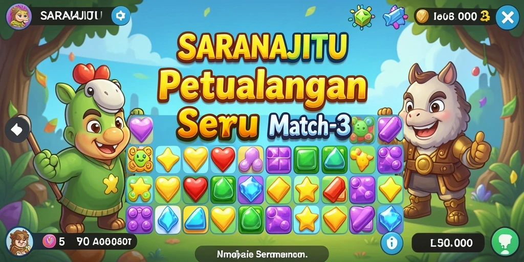 Screenshot SARANAJITU menampilkan keseruan gameplay Match-3 yang penuh warna.