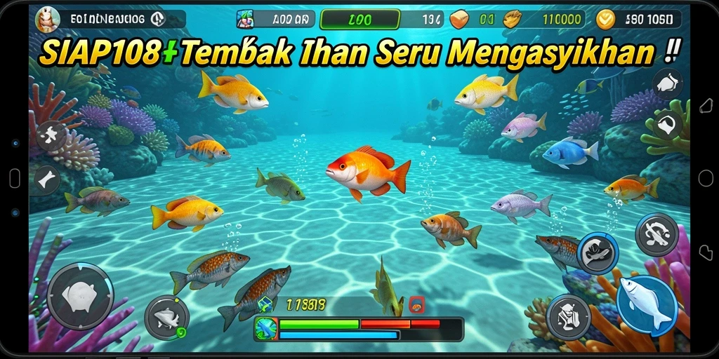 Screenshot gameplay SIAP108 yang menampilkan aksi menembak ikan.
